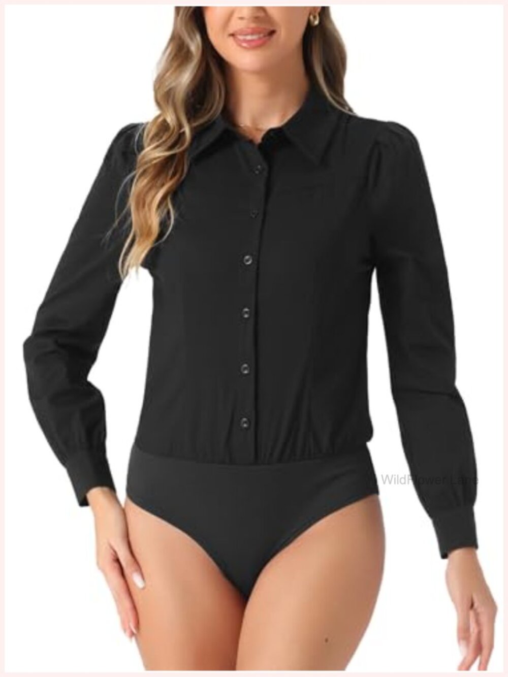 Allegra K Women's Button Down Bodysuit Cotton Nylon Spandex Long Sleeve Office